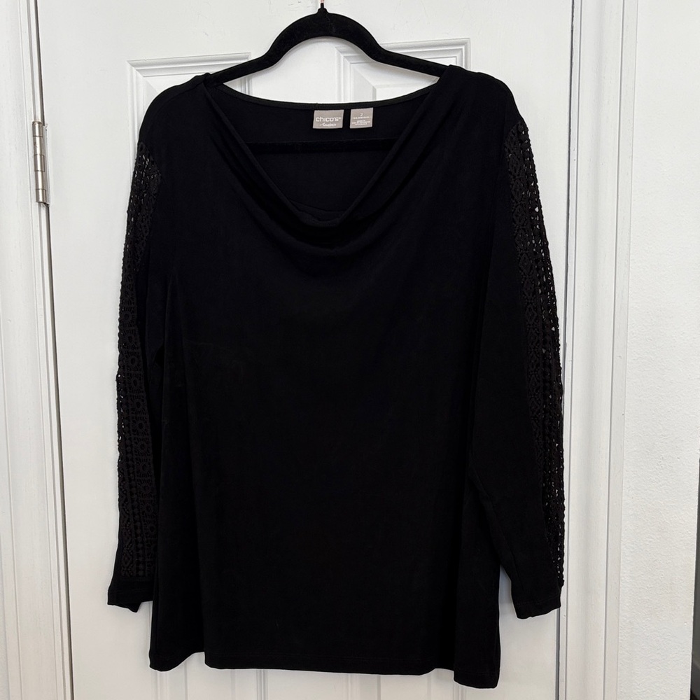 Chico's Black Top with‎ Lace Detail Sleeves